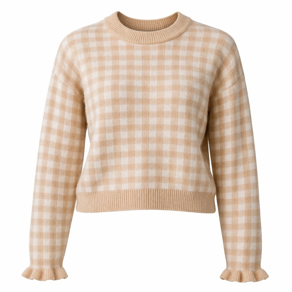 Polagram Gingham Cropped Sweater - Peach Cream S